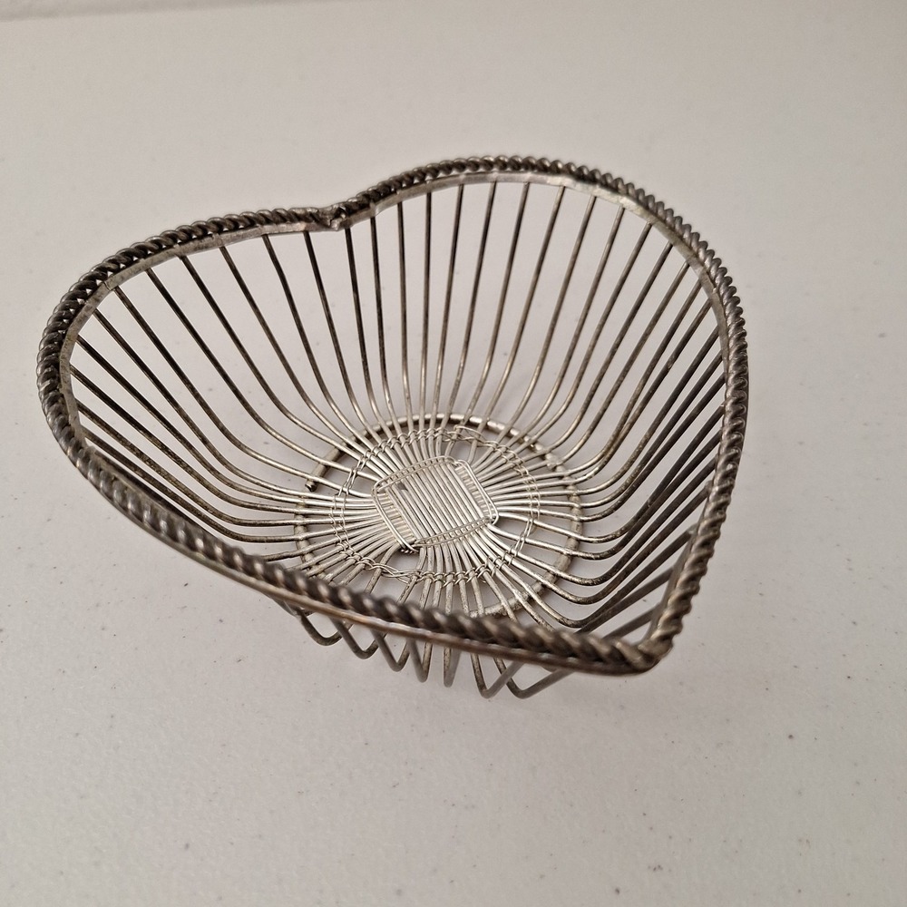Vintage MCM Heavy Pewter Wire Basket Heart Abstract Metal Handmade Petina 6.5"